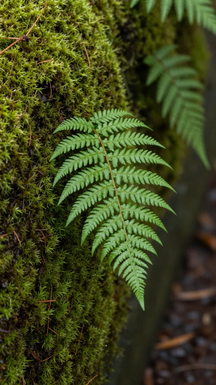 Close-up of delicate green fern fronds growing on damp moss after rainfall