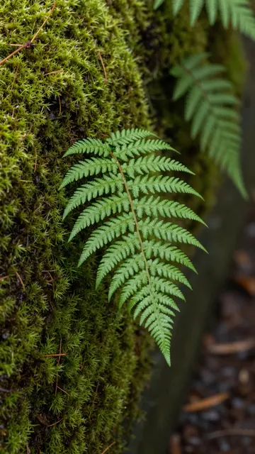 Close-up of delicate green fern fronds growing on damp moss after rainfall