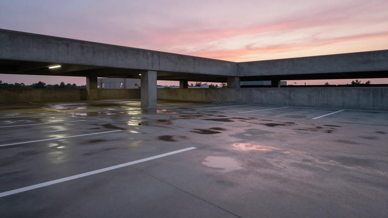 Empty top level of a concrete parking garage at dusk with puddles reflecting a pink sky