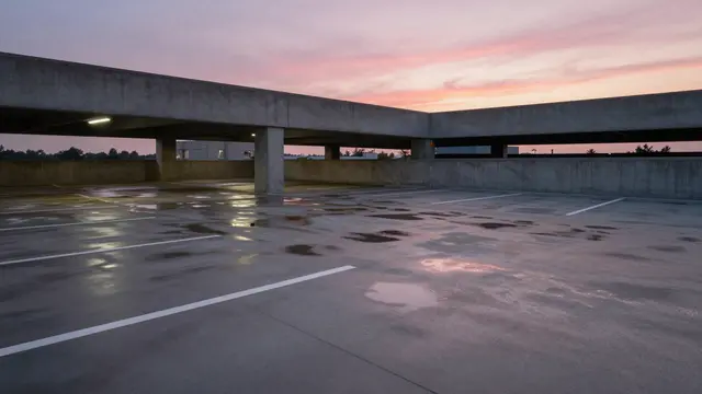 Empty top level of a concrete parking garage at dusk with puddles reflecting a pink sky