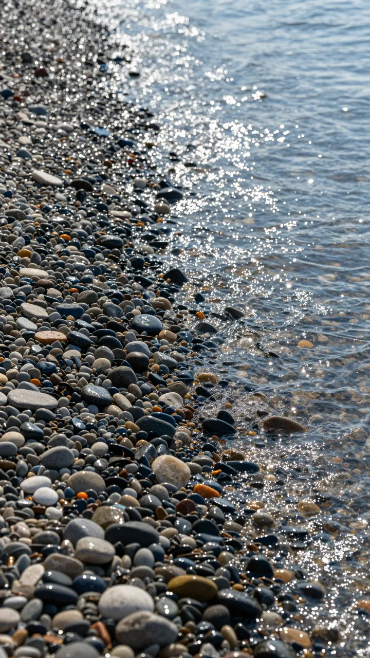 Sunlit shallow surf laps against smooth wet multicolored pebbles along a beach shoreline.
