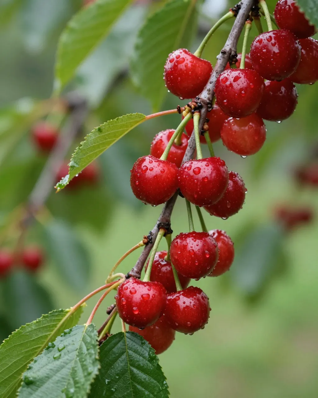 Close-up of a cherry tree branch heavy with glistening red ripe cherries dotted with post-shower water droplets, with soft