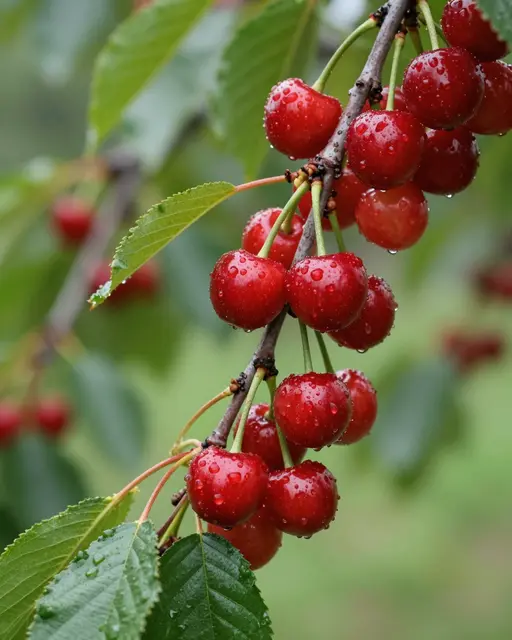 Close-up of a cherry tree branch heavy with glistening red ripe cherries dotted with post-shower water droplets, with soft