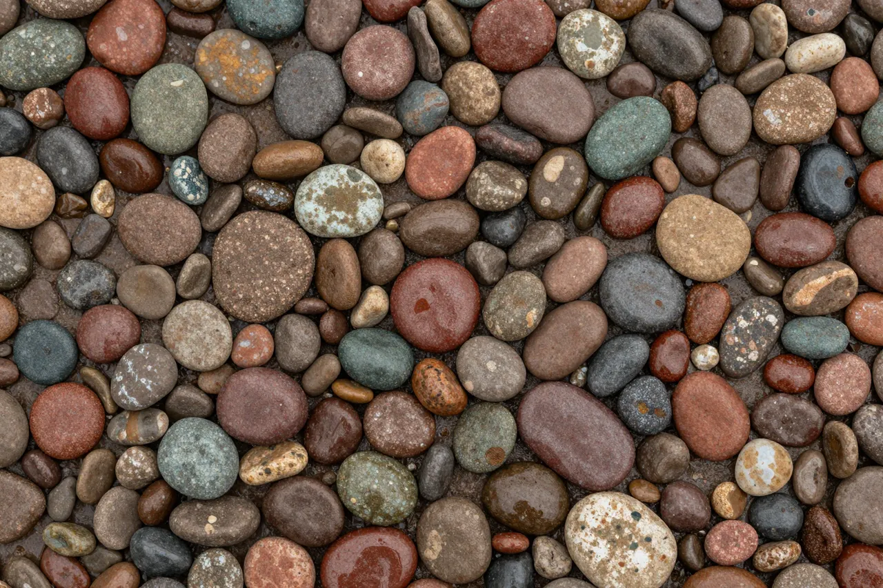 Top view full frame close-up of smooth, wet multicolored river pebbles filling the entire frame.