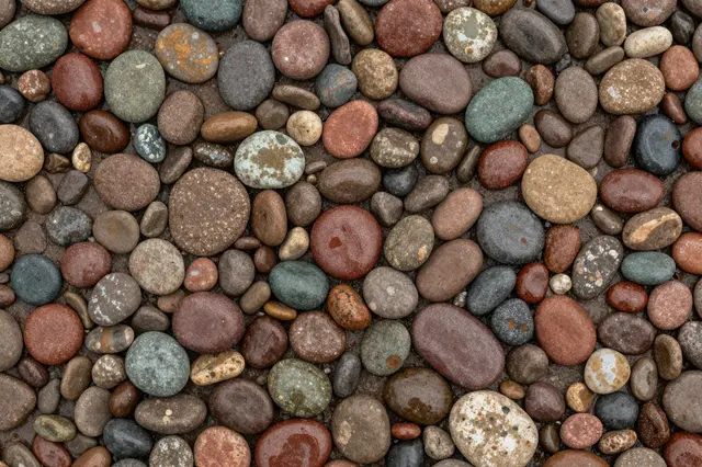 Top view full frame close-up of smooth, wet multicolored river pebbles filling the entire frame.