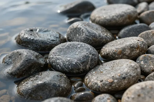 Close-up of smooth rounded wet river rocks resting in shallow clear water at the shoreline.
