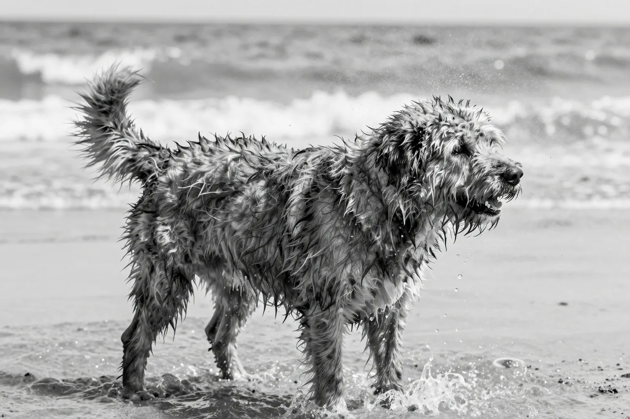 A wet shaggy dog shakes off seawater while standing in shallow beach surf
