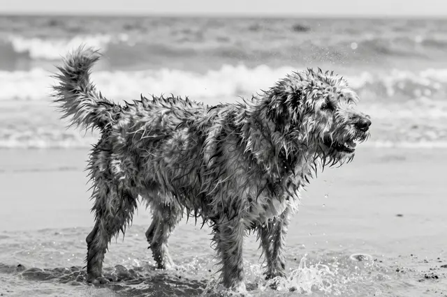 A wet shaggy dog shakes off seawater while standing in shallow beach surf