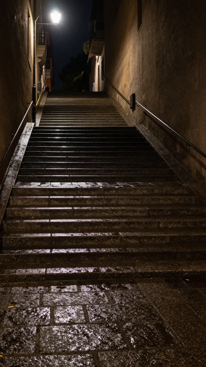 Illuminated steep wet stone staircase between building walls under a glowing street lamp after dark