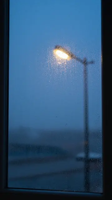 Lit street lamp seen through a rain-speckled window at quiet blue hour