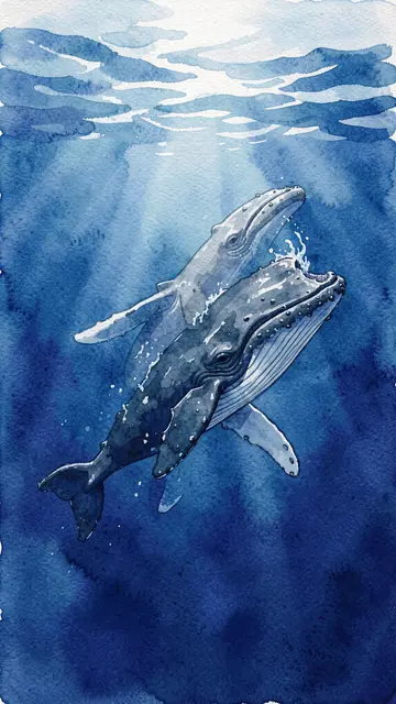 Watercolor illustration of a humpback whale and calf swimming upward through deep blue sunlit ocean water