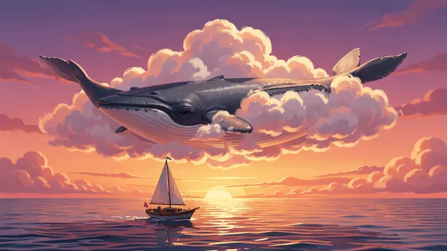 A surreal whale-shaped cloud drifts above a small sailboat on a calm ocean at colorful sunset.