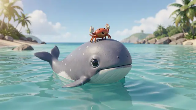 A chubby cartoon whale floats in a turquoise bay with a small crab sitting on its head