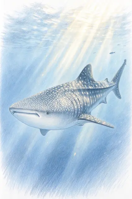 A colored pencil illustration of a spotted whale shark gliding through blue sunlit ocean water