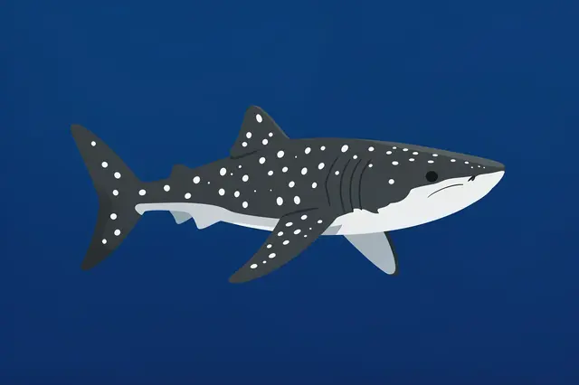 Flat vector illustration of a spotted whale shark swimming against solid deep blue ocean water
