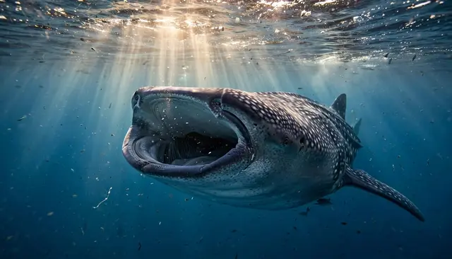 A spotted whale shark swims with its mouth open feeding near the ocean surface as sunbeams filter through blue water