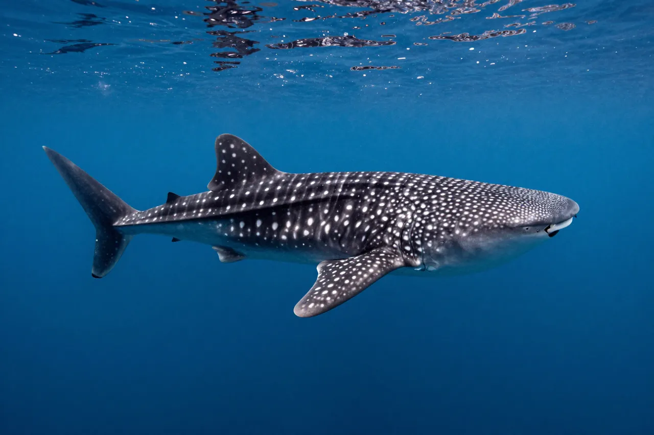 A spotted whale shark swims horizontally through clear deep blue ocean water near the surface.