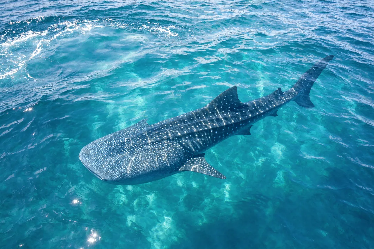 A spotted whale shark swims just below the surface of bright turquoise sunlit ocean water, viewed from above.