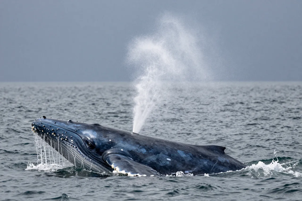 A humpback whale surfaces in the ocean, blowing a tall misty water spout into overcast air.