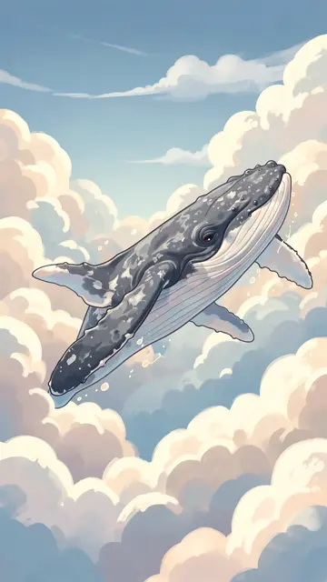 A humpback whale floats gracefully through soft fluffy clouds in a pastel sky illustration