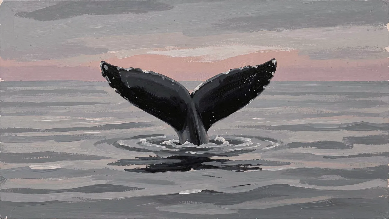 A gouache painting of a whale tail rising from calm gray sea beneath a muted dusk sky