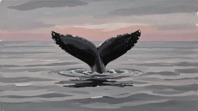 A gouache painting of a whale tail rising from calm gray sea beneath a muted dusk sky
