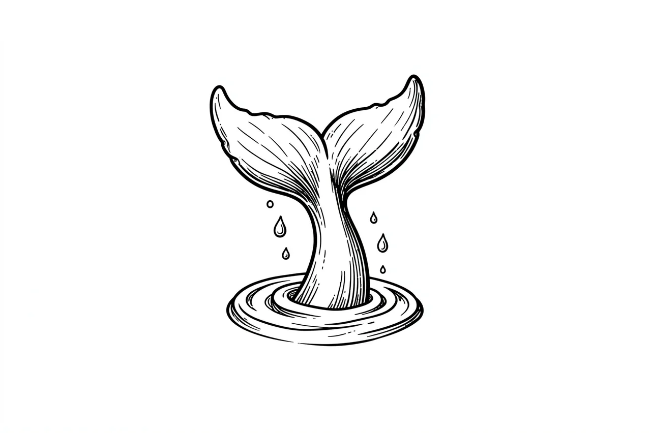 Black ink fine line illustration of a whale tail rising from rippling water with falling droplets on white background