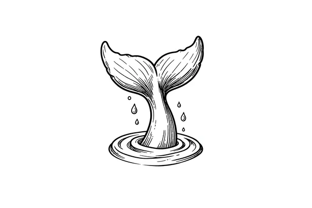 Black ink fine line illustration of a whale tail rising from rippling water with falling droplets on white background