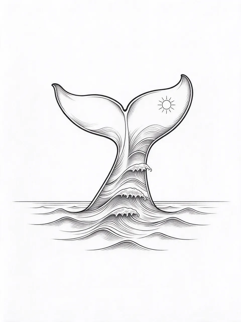 Delicate black ink fine line illustration of a whale tail filled with waves and a tiny sun on plain white background