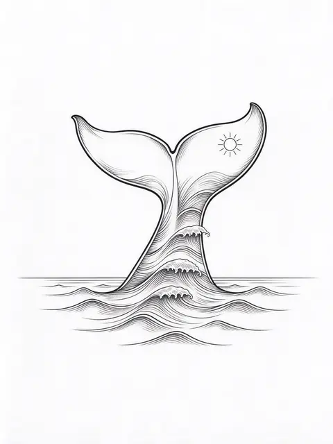 Delicate black ink fine line illustration of a whale tail filled with waves and a tiny sun on plain white background