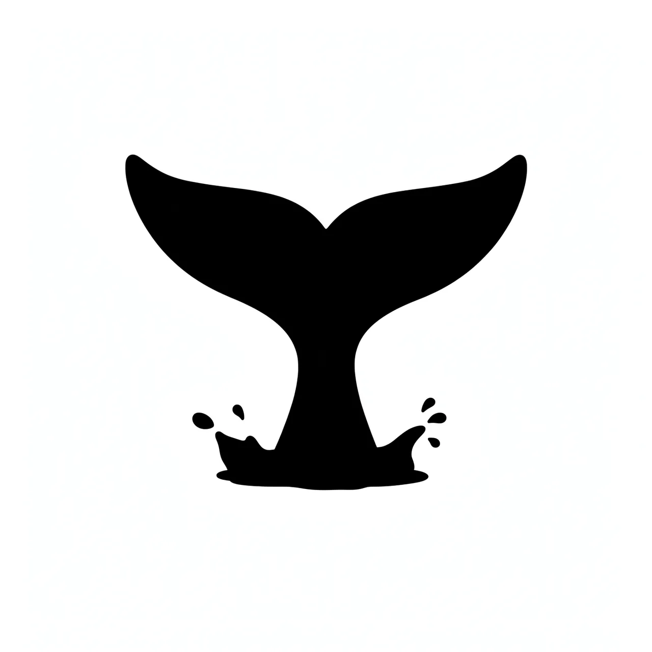 Solid black silhouette of a whale tail rising from water with small splashes on a plain white background