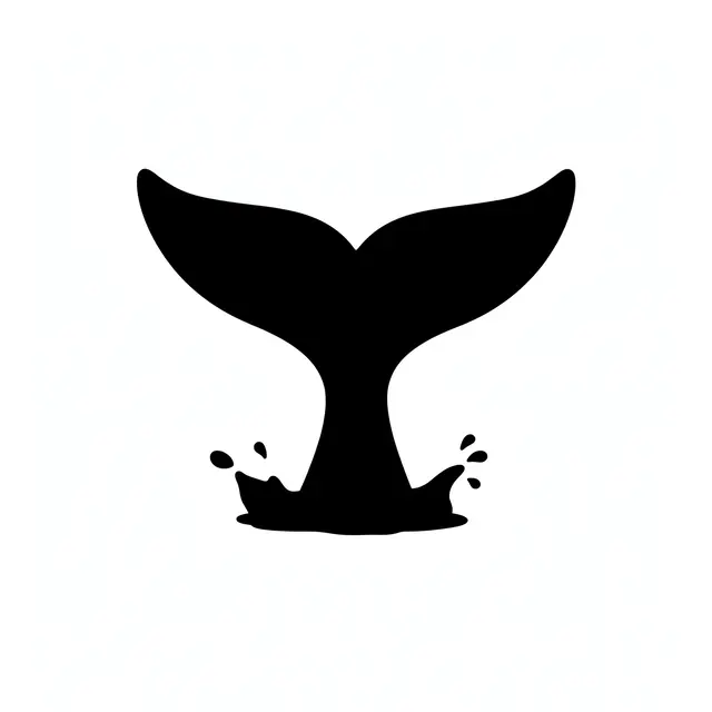 Solid black silhouette of a whale tail rising from water with small splashes on a plain white background