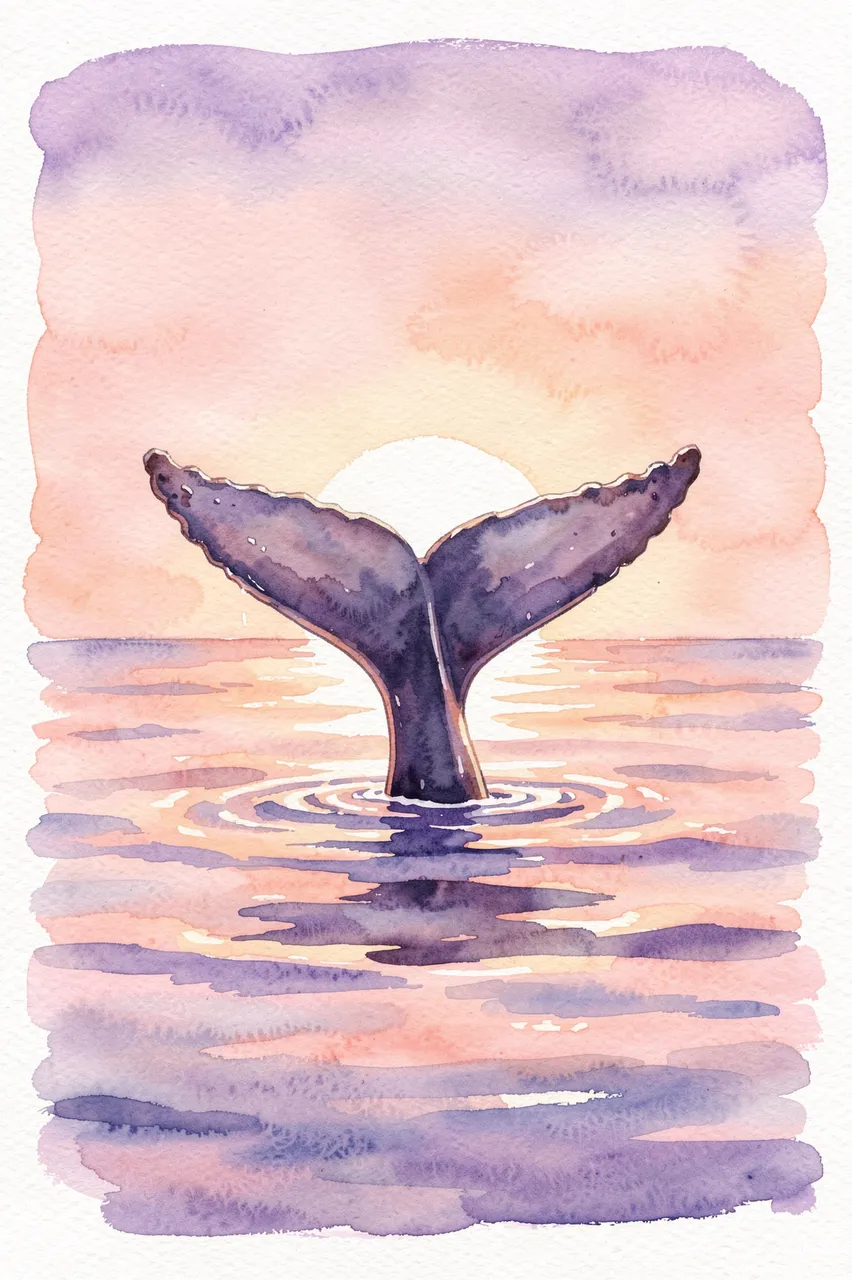 Watercolor painting of a whale tail rising from calm reflective sea at peach and lilac sunset