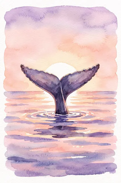 Watercolor painting of a whale tail rising from calm reflective sea at peach and lilac sunset