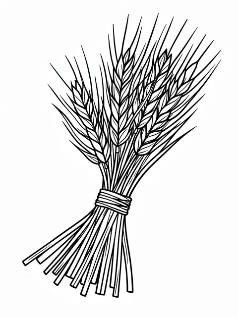 Bold black and white line art of a twine-bound wheat sheaf on a plain white background, designed as a coloring page.
