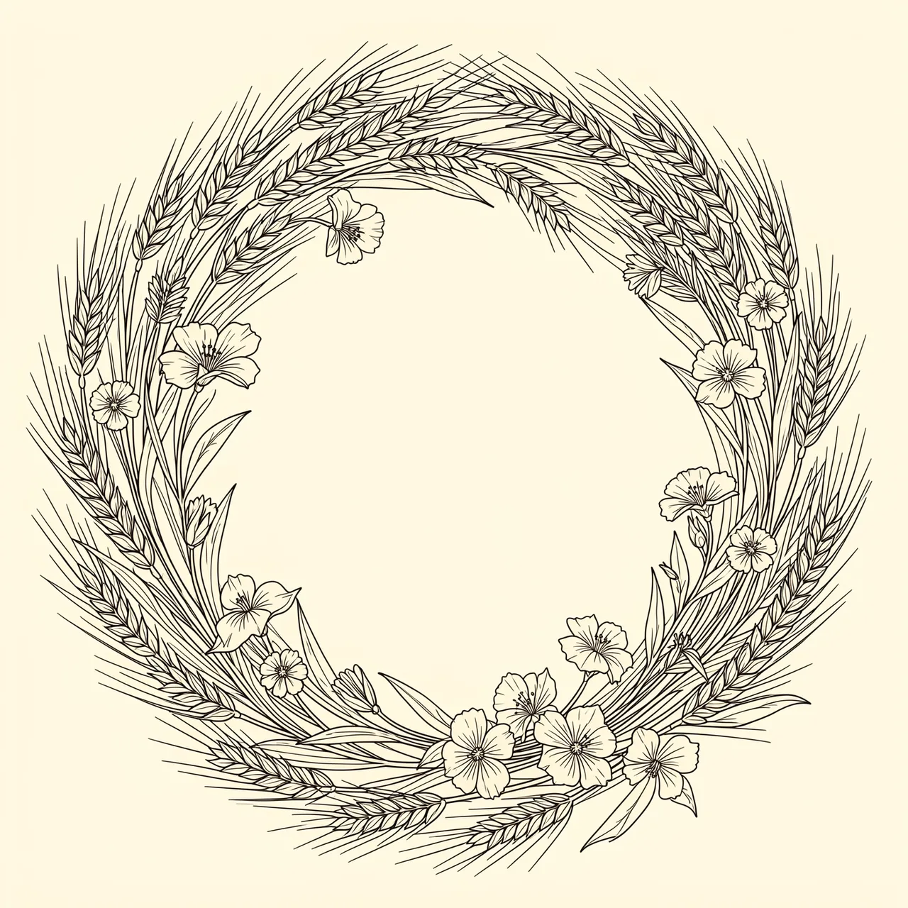 Single weight line art round wreath frame of wheat stalks and flowers on a cream background