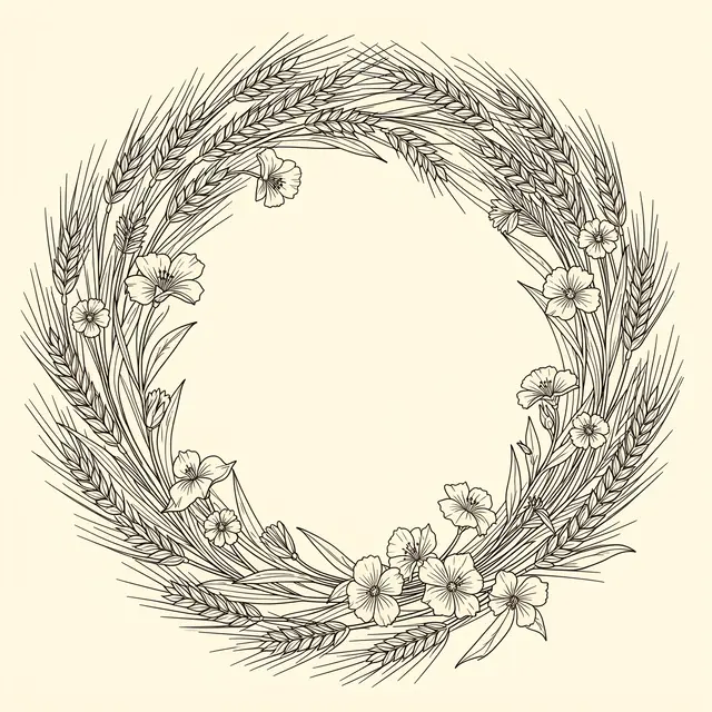 Single weight line art round wreath frame of wheat stalks and flowers on a cream background