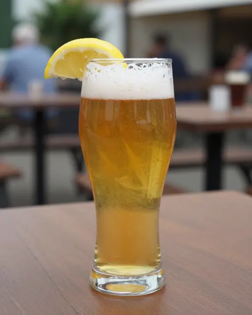 Tall glass of cloudy wheat beer with a lemon slice resting on the rim, set on a wooden beer garden table