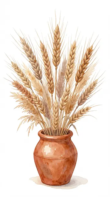 Watercolor illustration of dried wheat and grasses arranged in a terracotta clay pot against a plain white background