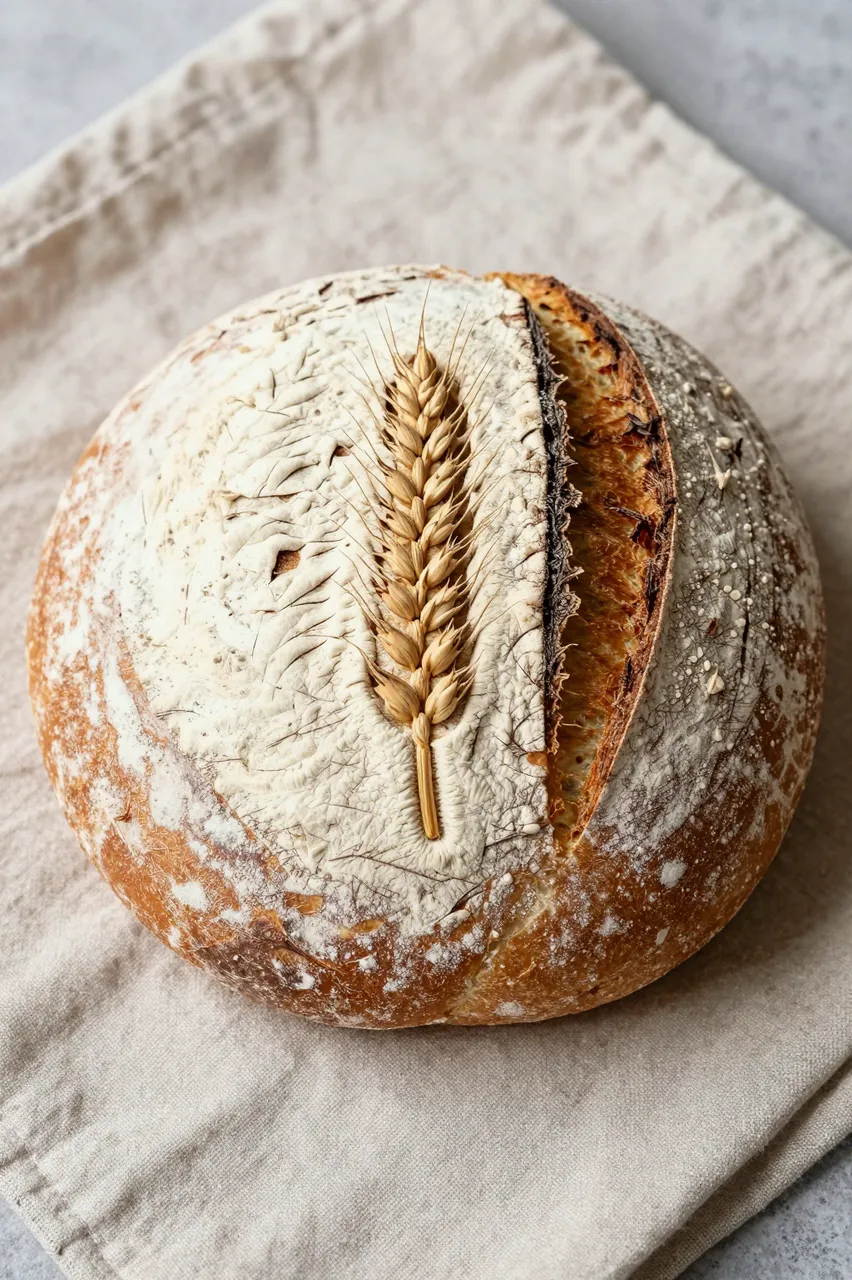 Round flour-dusted sourdough boule with a wheat stalk motif rests on a linen cloth