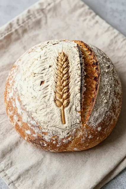 Round flour-dusted sourdough boule with a wheat stalk motif rests on a linen cloth