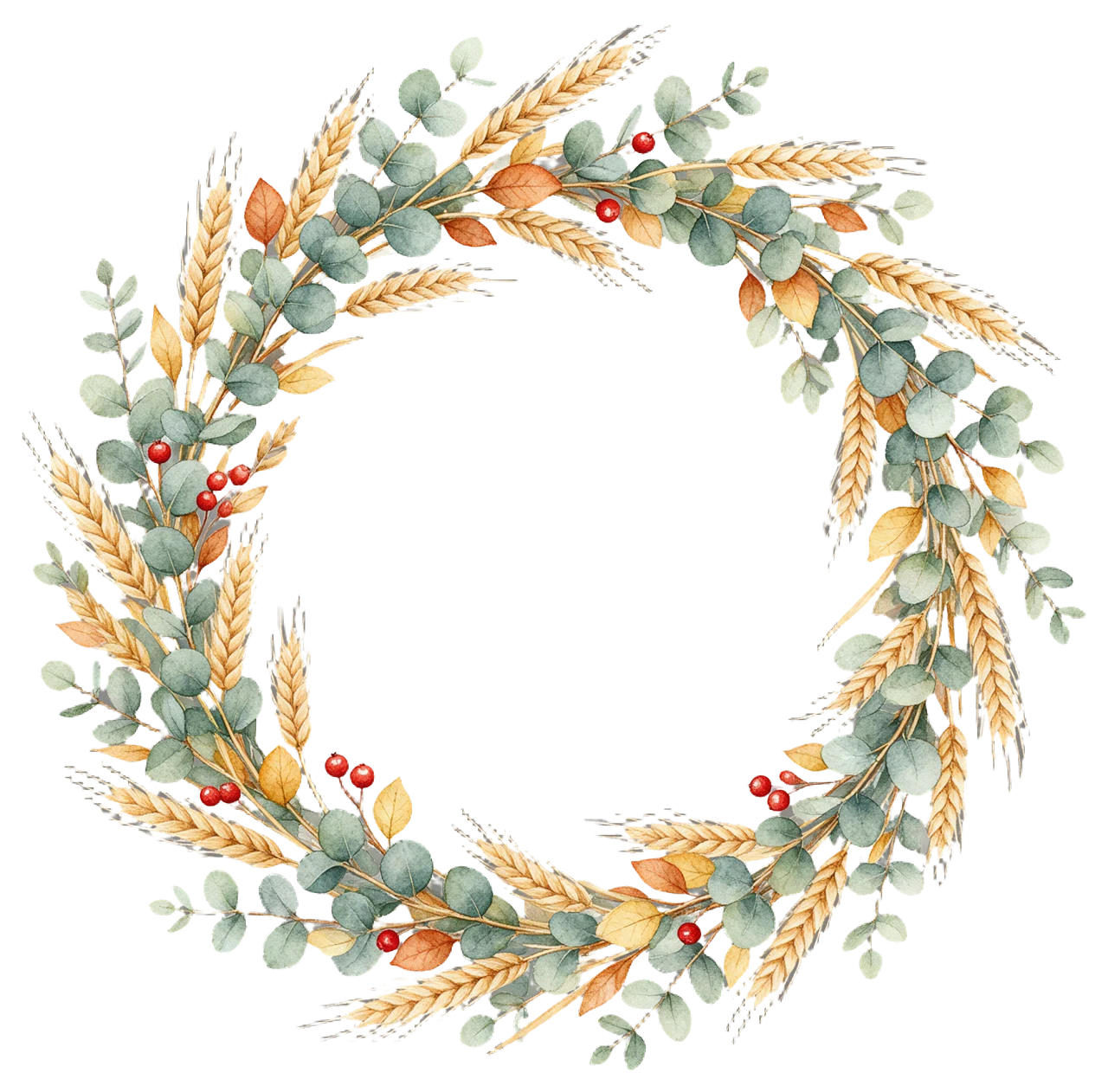 Delicate watercolor wreath made of wheat, eucalyptus leaves, warm autumn foliage and bright red berries