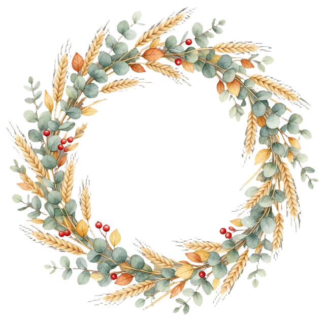 Delicate watercolor wreath made of wheat, eucalyptus leaves, warm autumn foliage and bright red berries