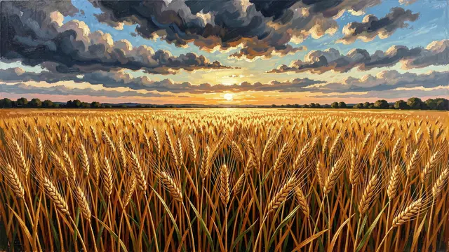 Textured oil painting of a golden wheat field beneath a stormy dramatic sky at sunset
