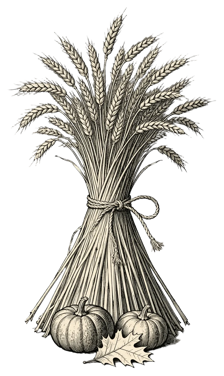 Antique engraving of a bound upright wheat sheaf with two small pumpkins and an oak leaf at its base