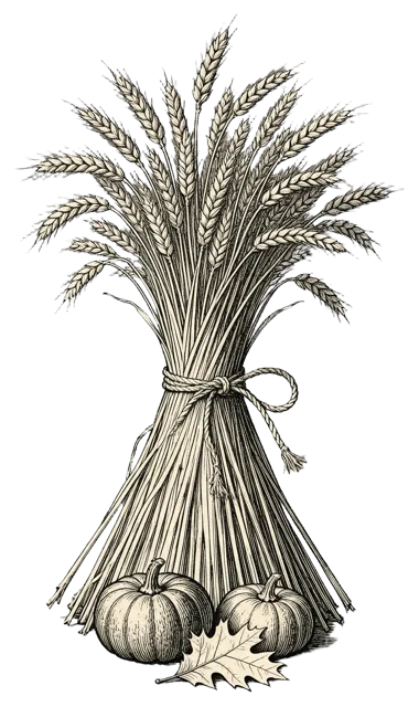 Antique engraving of a bound upright wheat sheaf with two small pumpkins and an oak leaf at its base