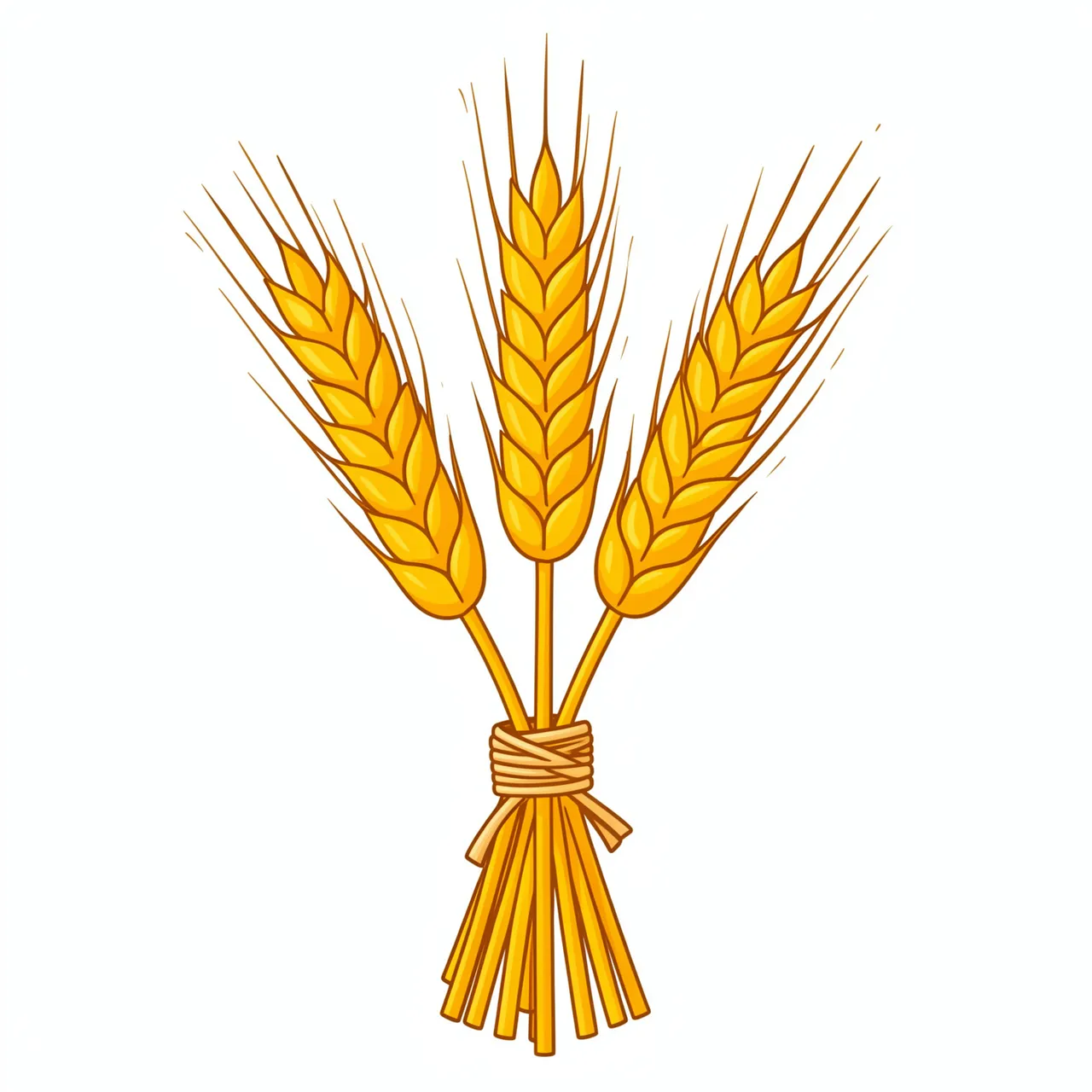 Flat illustration of three golden wheat stalks tied together with twine, isolated on a plain white background
