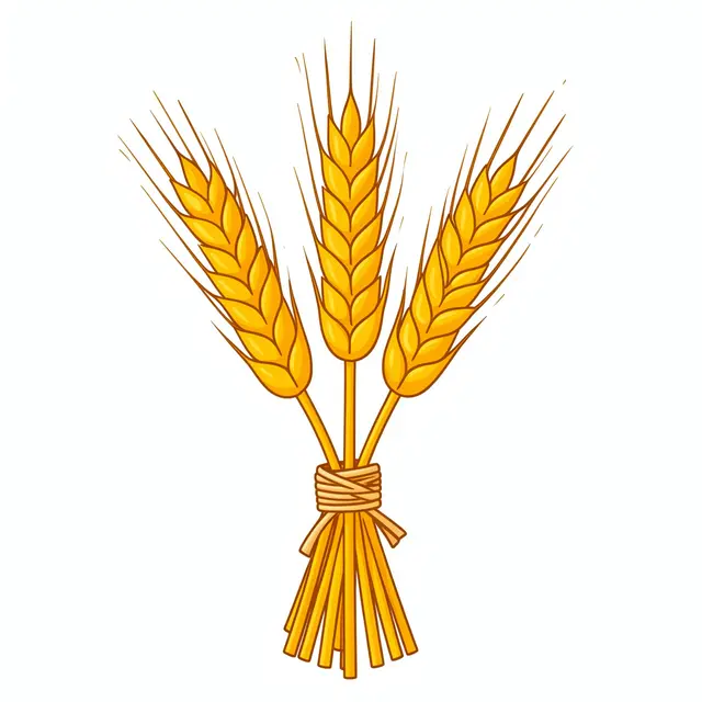 Flat illustration of three golden wheat stalks tied together with twine, isolated on a plain white background
