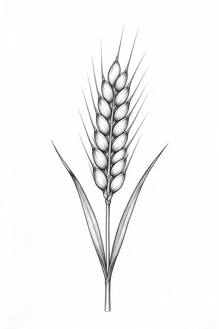 Delicate black ink line drawing of a single wheat stalk set against plain white paper