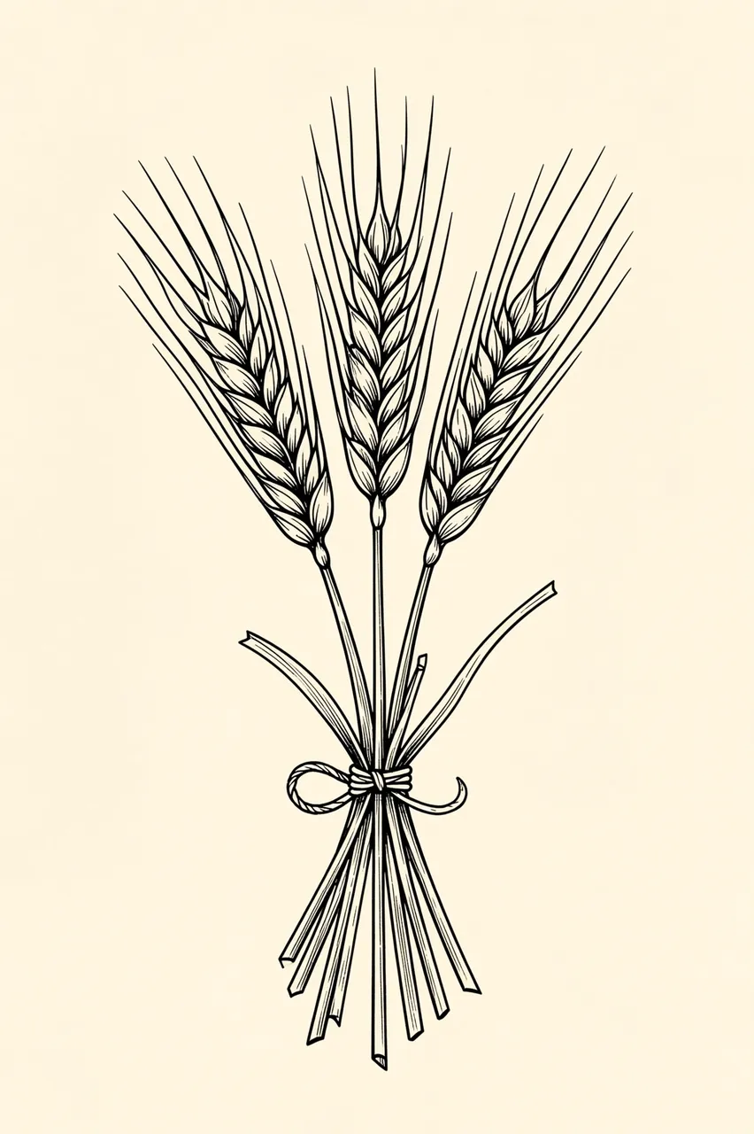 Black fine line illustration of three bound wheat stalks on a cream background